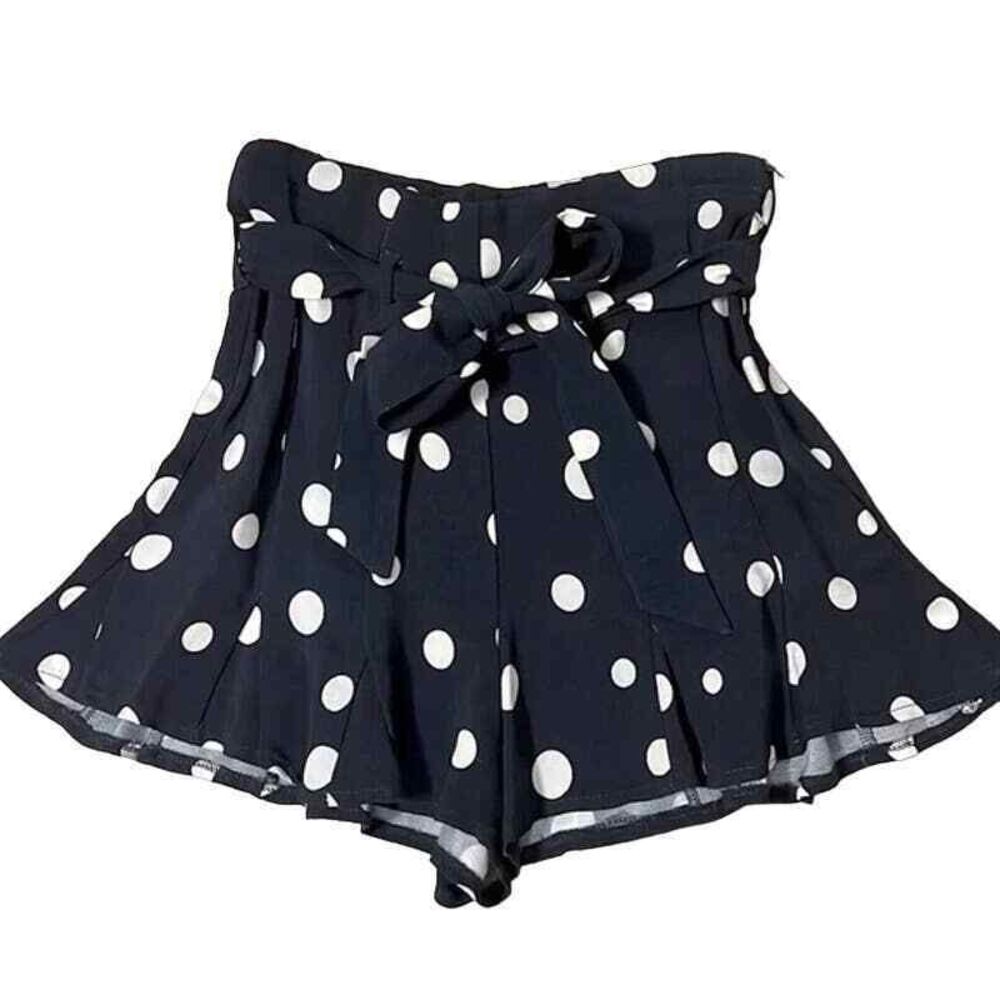 Zara Blue shorts woman  white polka dot flare shorts with belt size M boho